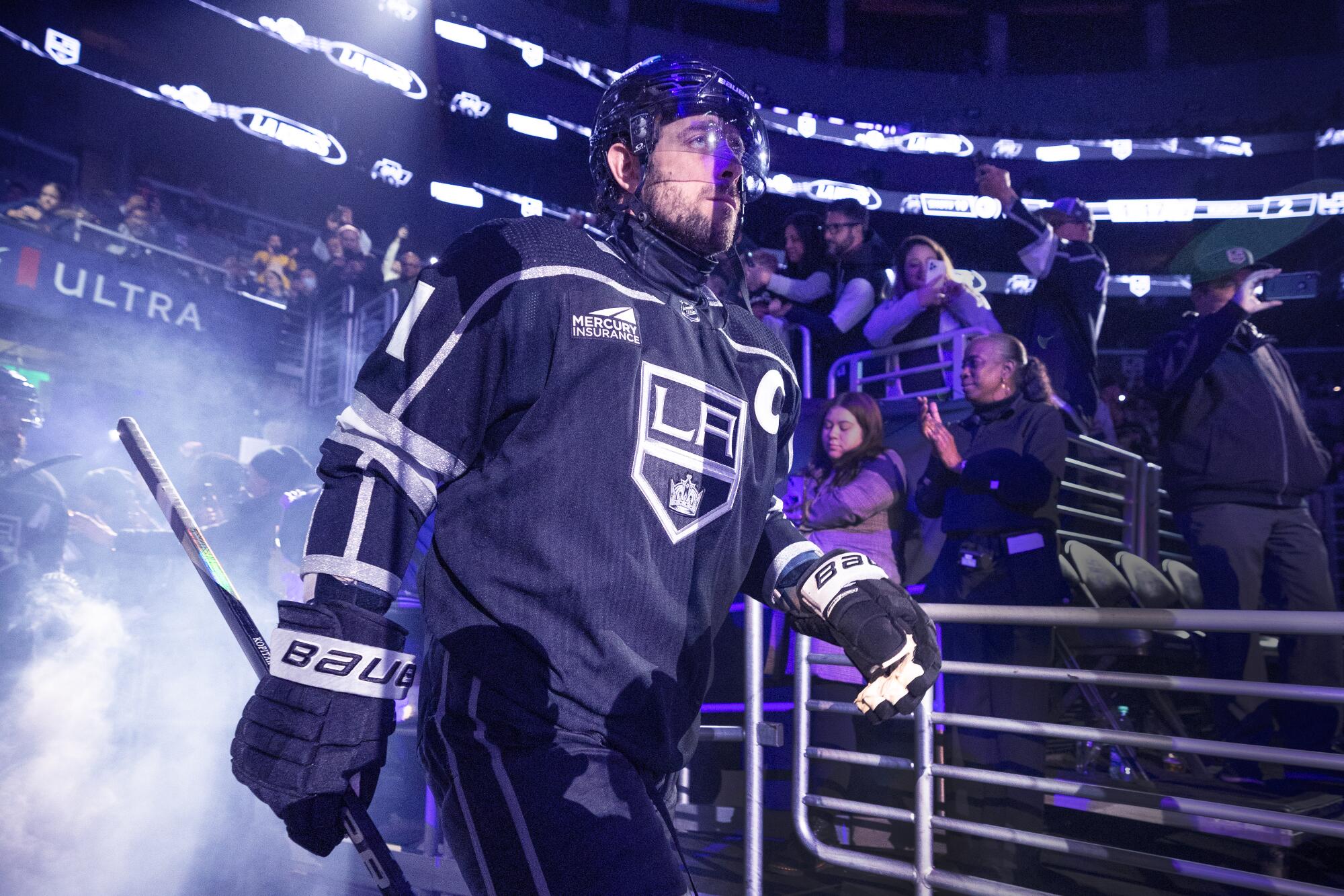 Kings center Anze Kopitar, is introduced before a game at Crypto.com Arena.