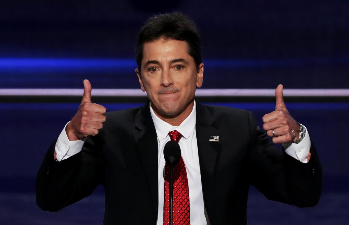Scott Baio gives two thumbs up during his speech on the first day of the Republican National Convention on July 18, 2016, in Cleveland.