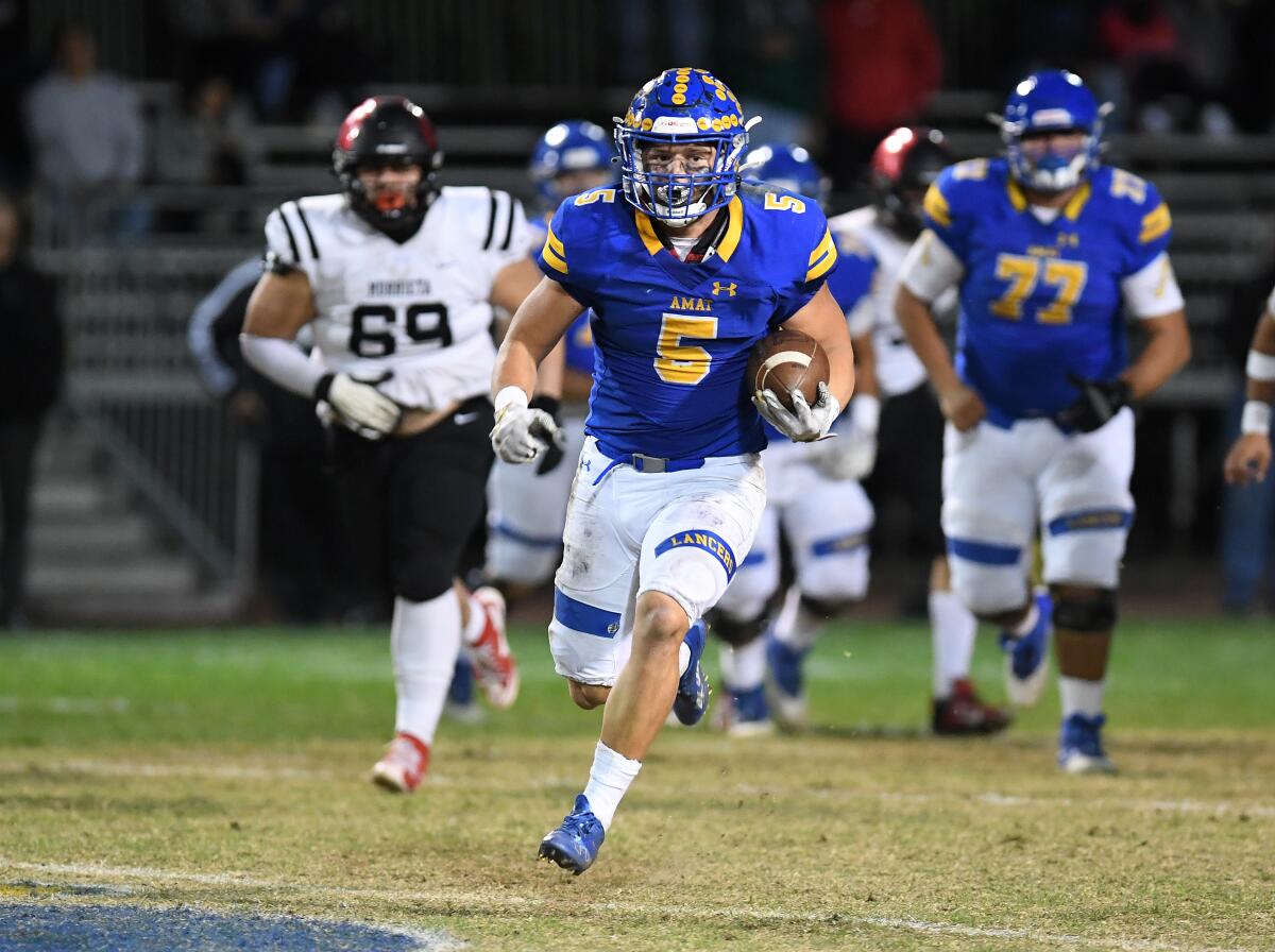 Bishop Amat's Aiden Ramos breaks into the clear downfield against Murrieta Valley.