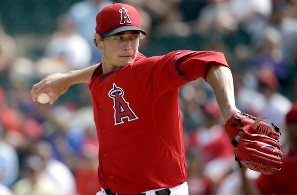 Angels starter Garrett Richards, shown during a game earlier this month against the White Sox, gave up three hits, walked three and struck out two in 6 1/3 innings against the Cleveland Indians on Sunday.