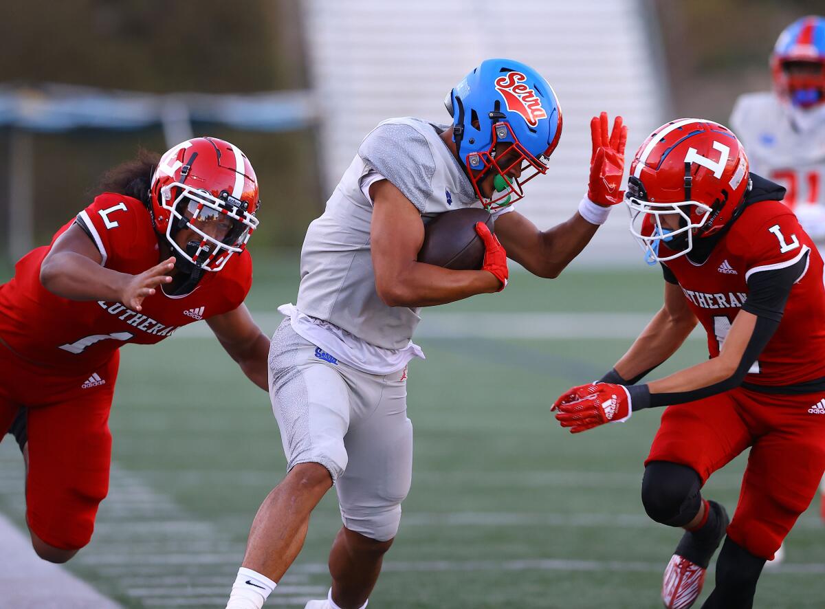 The Orange Lutheran crush is about to happen against Gardena Serra's Cameron Willcot.