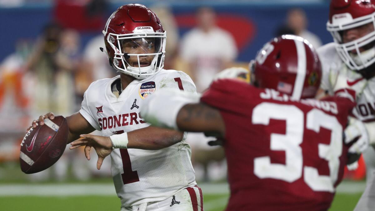 Oklahoma quarterback Kyler Murray (1) looks to pass, during the second half of the Orange Bowl NCAA college football game against Alabama, Saturday, Dec. 29, 2018, in Miami Gardens, Fla.