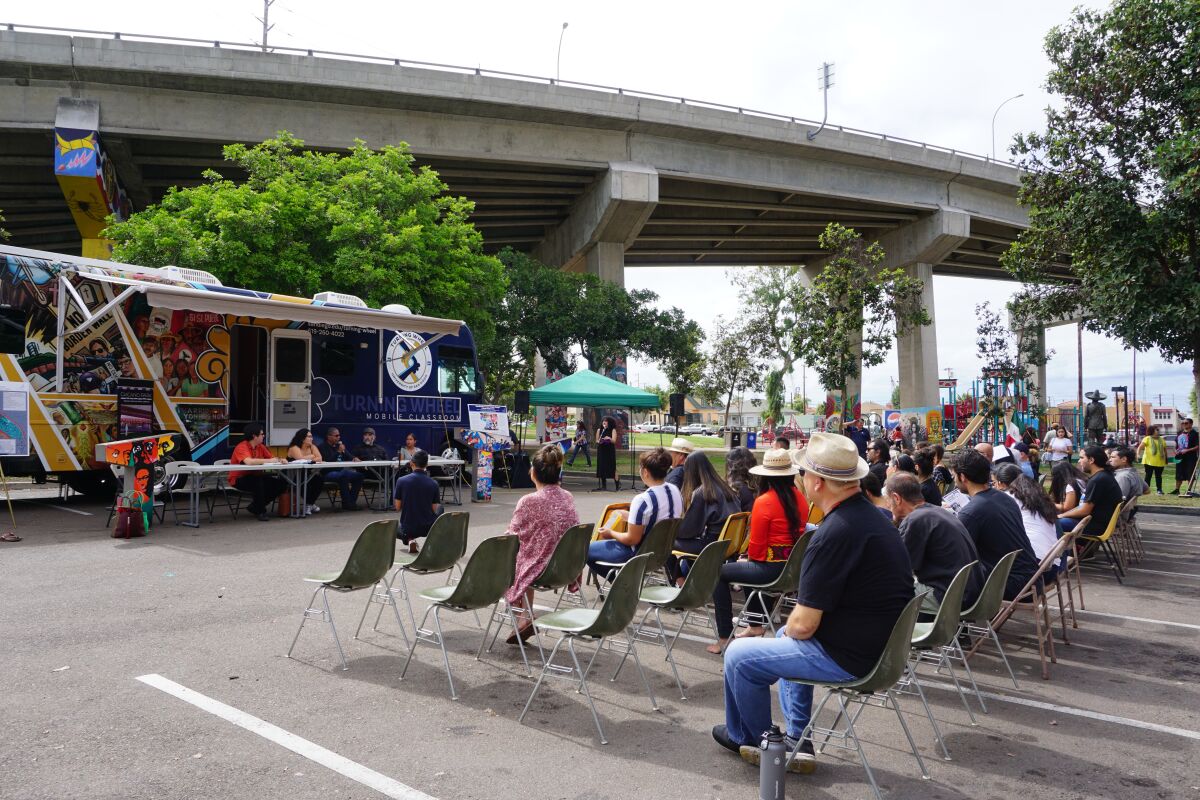 Barrio Logan residents, business owners and leaders gathered at Chicano Park to discuss gentrification.
