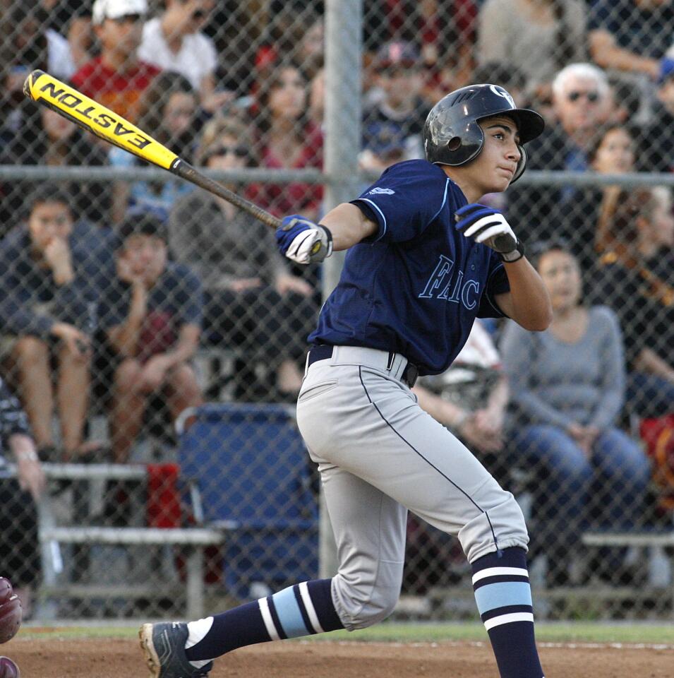 Crescenta Valley's Adrian Damla, in the follow through of his swing, watches a high deep hit down the right field line for a triple against Arcadia in a Pacific League baseball game at Arcadia High School on Thursday, May 9, 2013.
