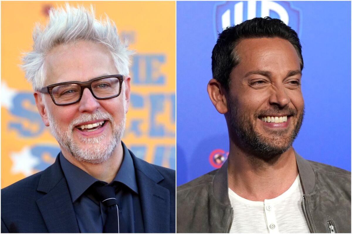 A split image of a man with short white hair and glasses smiling, left, and a man with short brown hair smiling