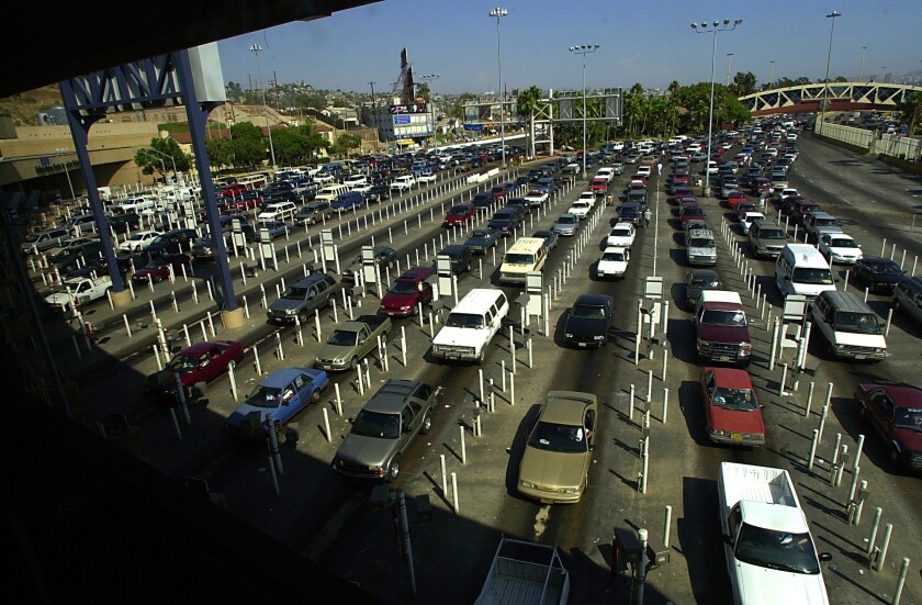 Cars line up at the border crossing into San Ysidro in this file photo.