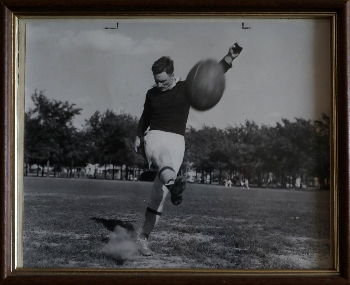 A photo of Padraig Carney while he played for the Detroit Gaelic Footballer Club in 1954 hangs on a wall at his home in San Juan Capistrano.
