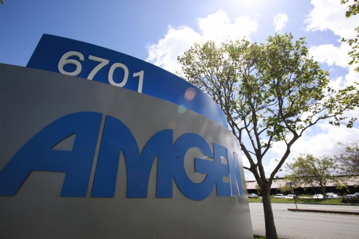Shares in Thousand Oaks-based Amgen Inc. dipped Wednesday after the biotech giant reported weaker-than-expected sales growth in the first quarter.