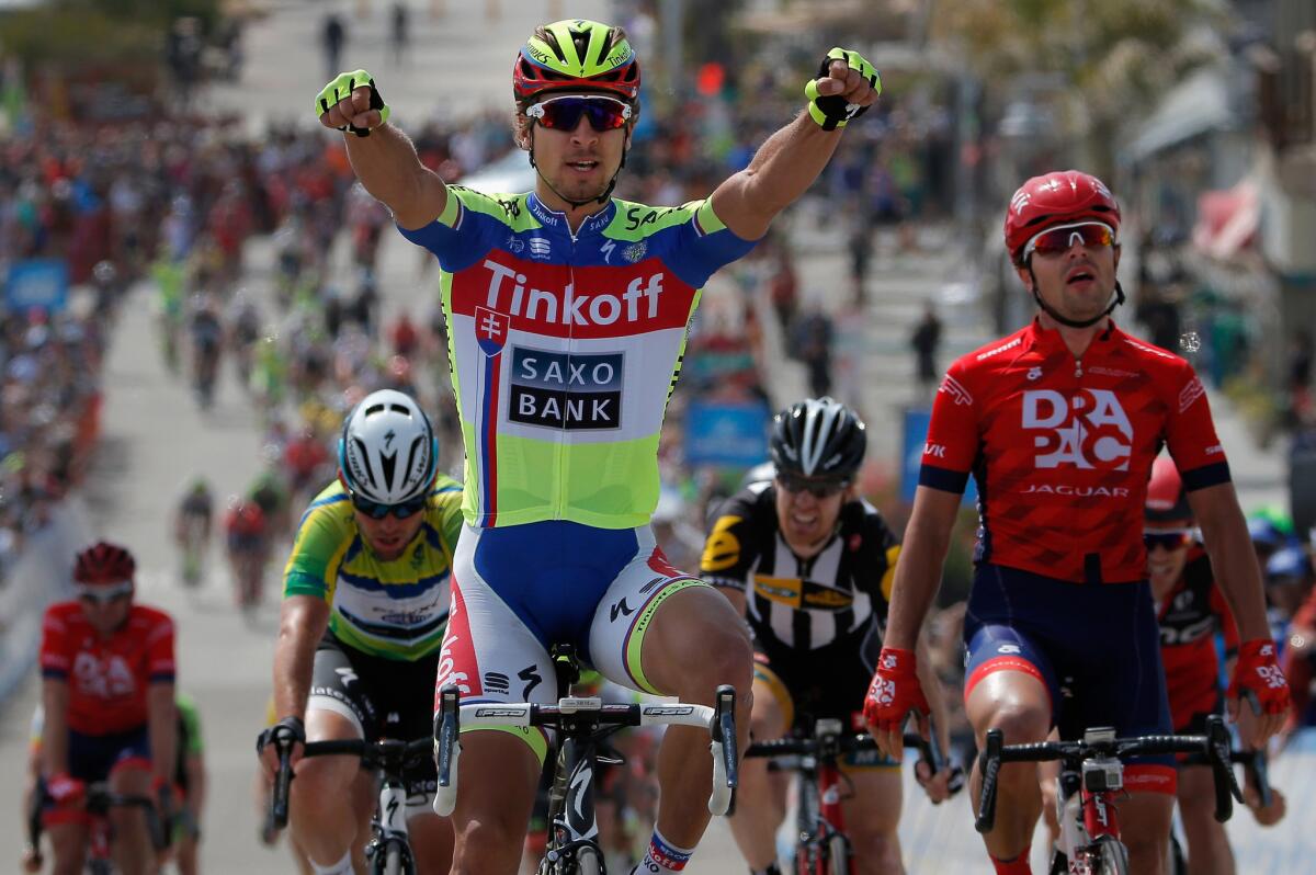 Peter Sagan reacts after winning the fourth stage in the Tour of California on Wednesday.