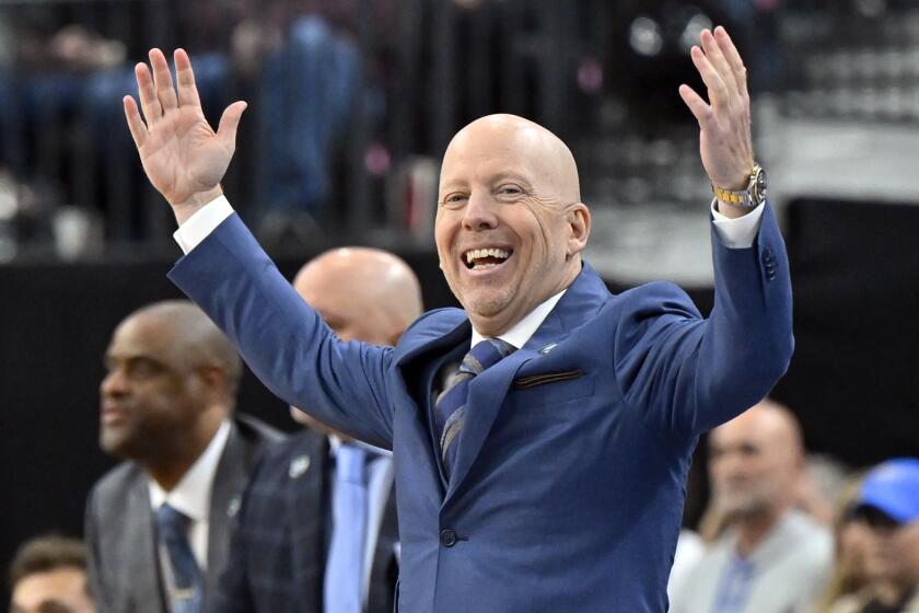 FILE - UCLA head coach Mick Cronin reacts against Gonzaga in the first half of a Sweet 16 college basketball game.