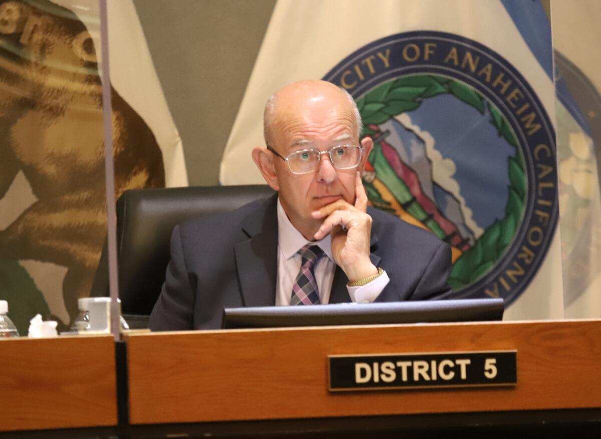 Anaheim City Councilman Stephen Faessel listens to the public during the June 7 City Council meeting.