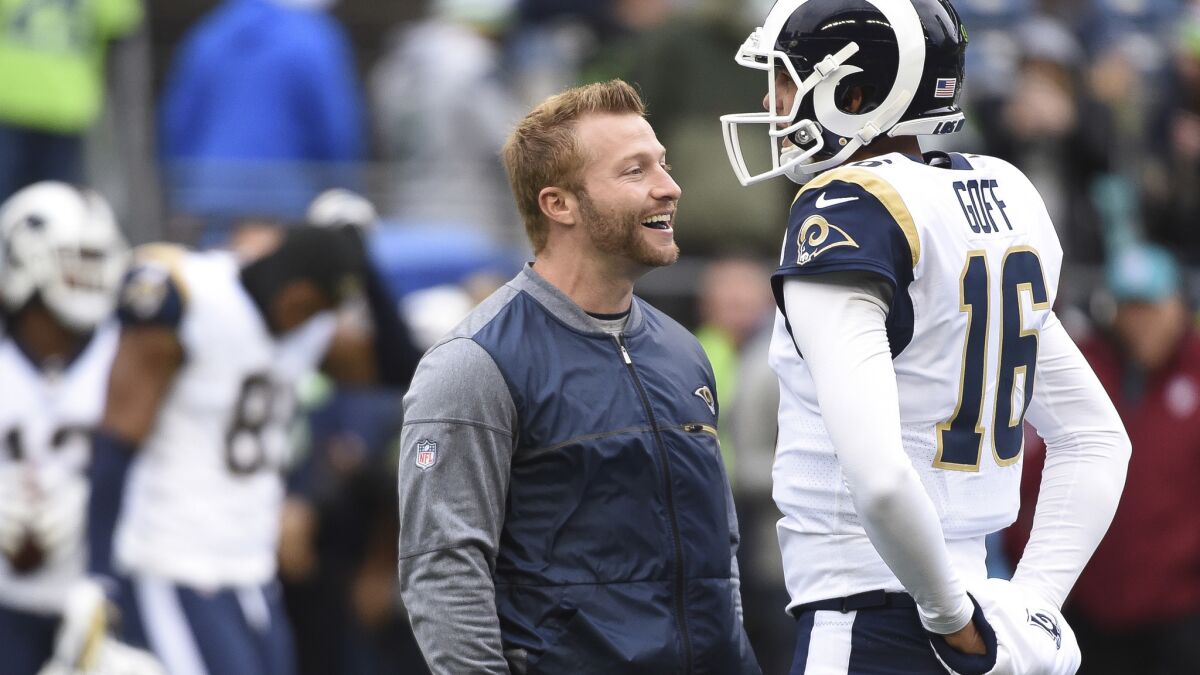 Rams coach Sean McVay and quarterback Jared Goff talk before a game against the Seattle Seahawks.