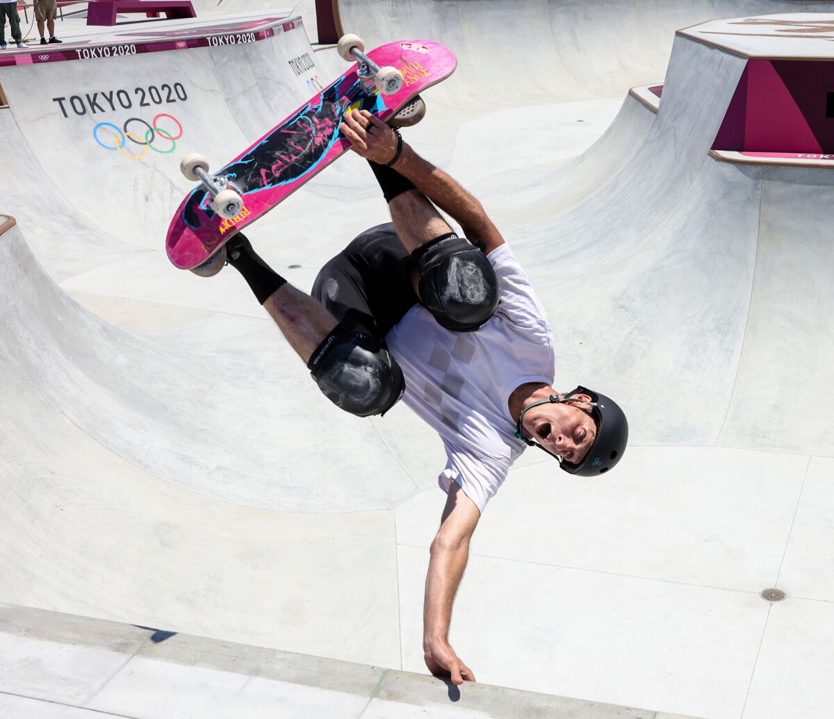 Skating legend Tony Hawk did some skateboarding at Ariake Urban Sports Park on Friday.