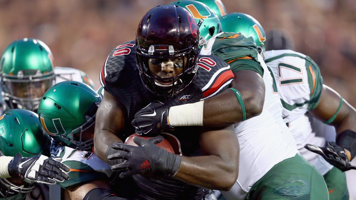 Louisville running back Dominique Brown rushed for 143 yards in the team's 31-13 victory over Miami on Monday.