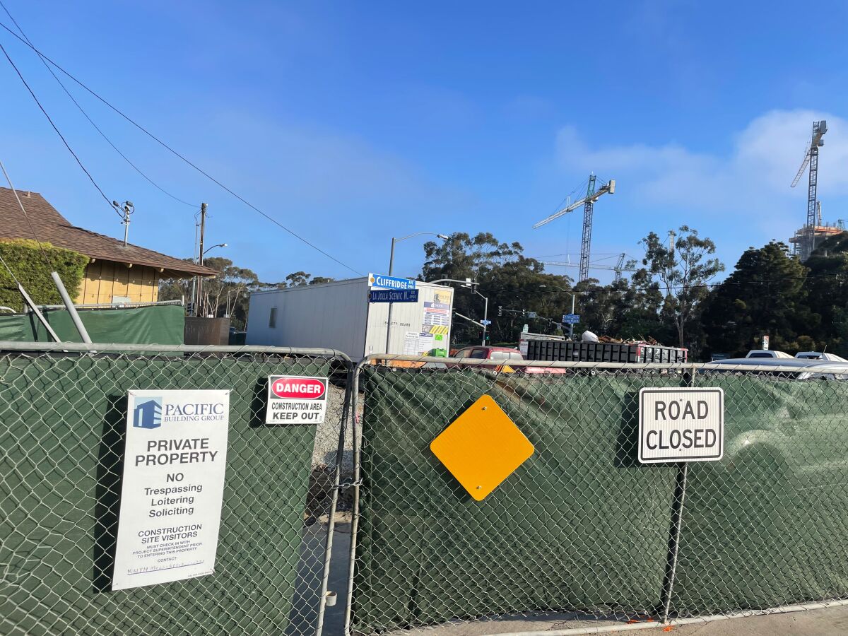 A pedestrian walkway at Cliffridge Avenue and La Jolla Scenic Drive North is closed for construction of the Hillel Center.
