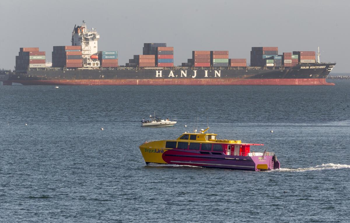 The Hanjin Montevideo anchored outside the Port of Long Beach.