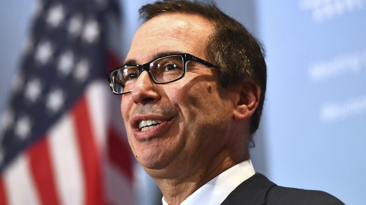 U.S. Treasury Secretary Steven T. Mnuchin speaks at a news conference during a meeting for the G7 Finance and Central Bank Governors in Whistler, British Columbia.