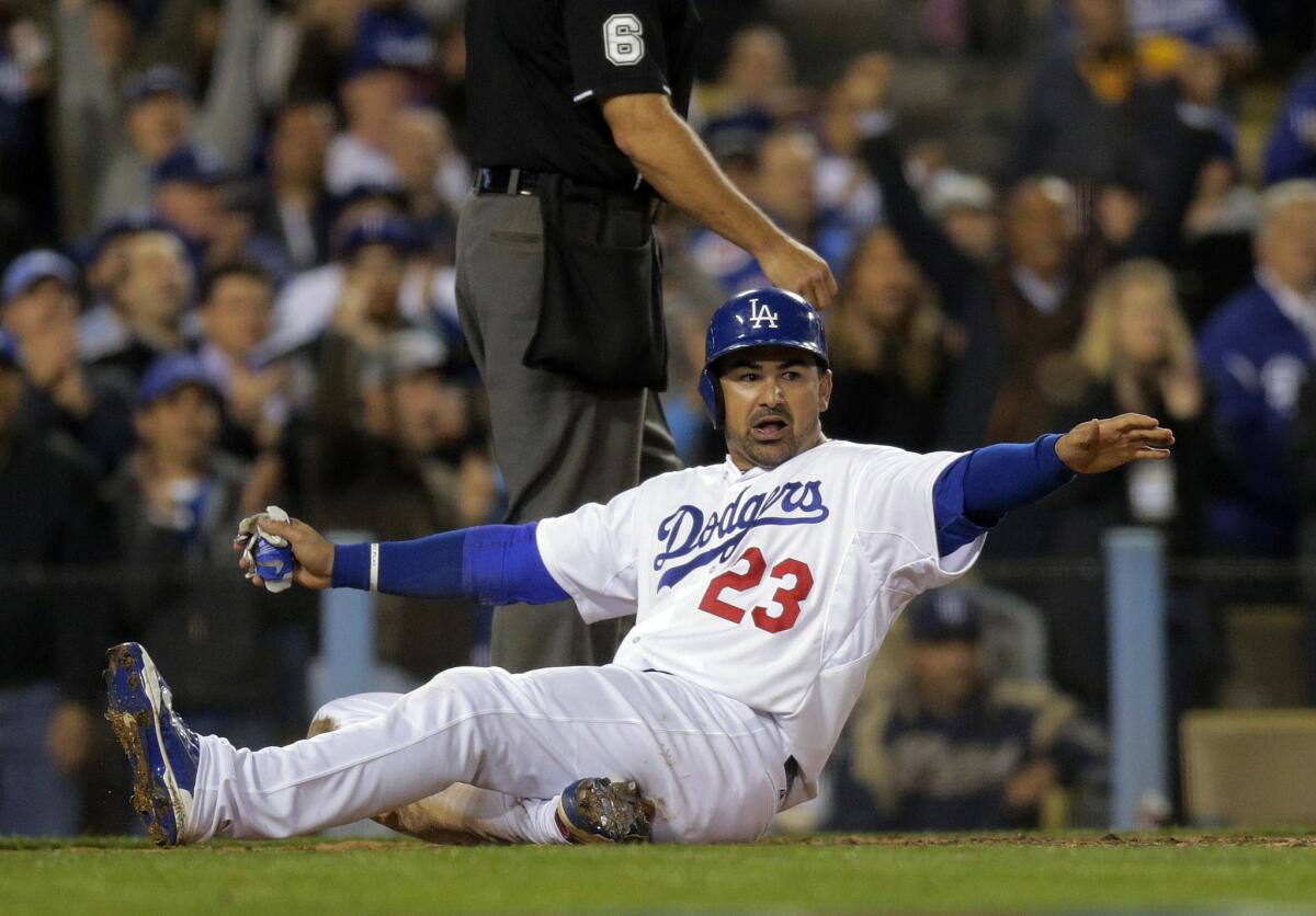 The Los Angeles Dodgers' 2015 season got off to a bumpy start in the TV ratings on the team's SportsNet LA cable channel. Dodgers first baseman Adrian Gonzalez, who's off to a hot start, is seen scoring a run Tuesday against the Padres at Dodger Stadium.