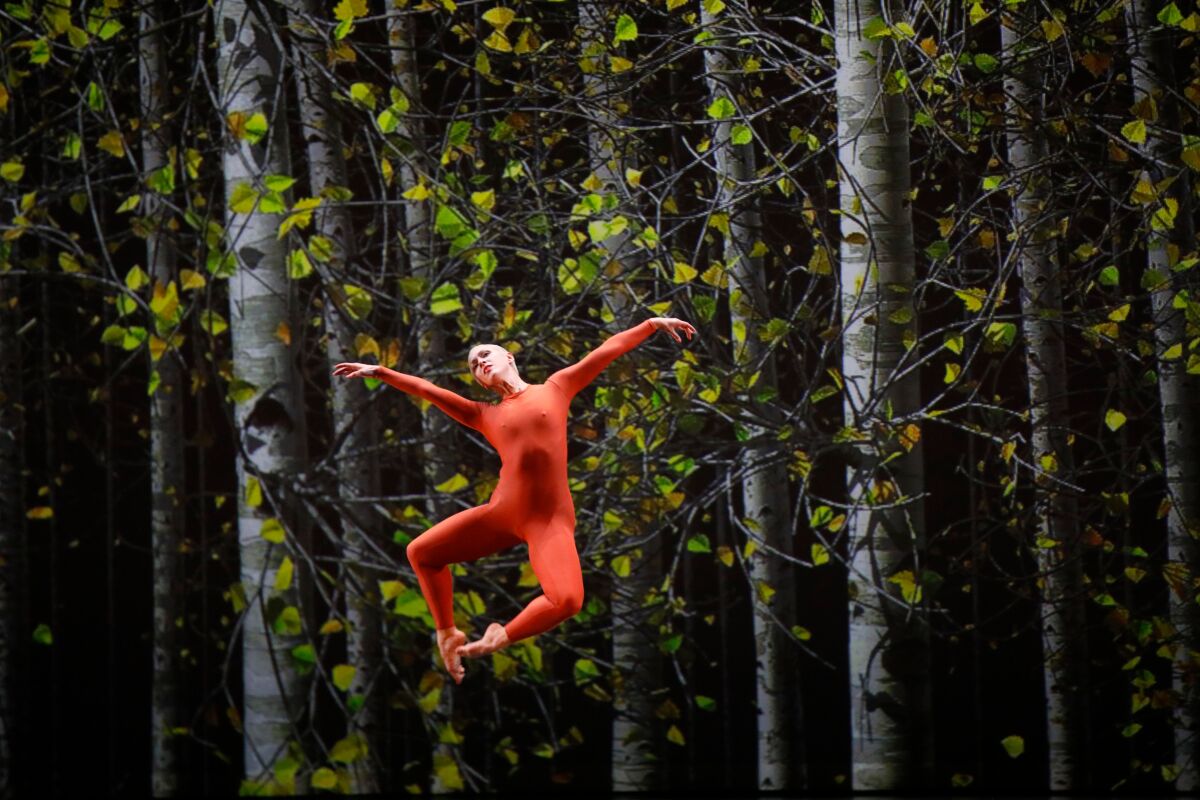 Dancer Katherine Helen Fisher, in orange bodysuit, leaps in front of a backdrop of trees in rehearsal of "Night of 100 Solos - A Centennial Event."
