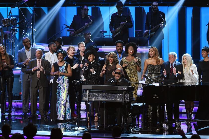 Stevie Wonder is joined by guest performers including Jennifer Hudson, Lady Gaga and Tony Bennett during the finale of "Stevie Wonder: Songs in the Key of Life -- An All-Star Grammy Salute," at the Nokia Theatre on Feb. 10