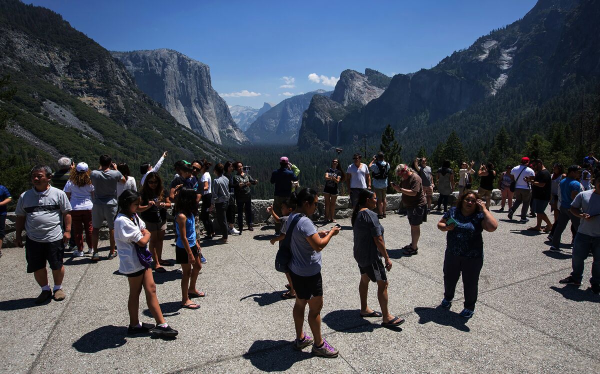 A crowd fills an overlook at Yosemite.