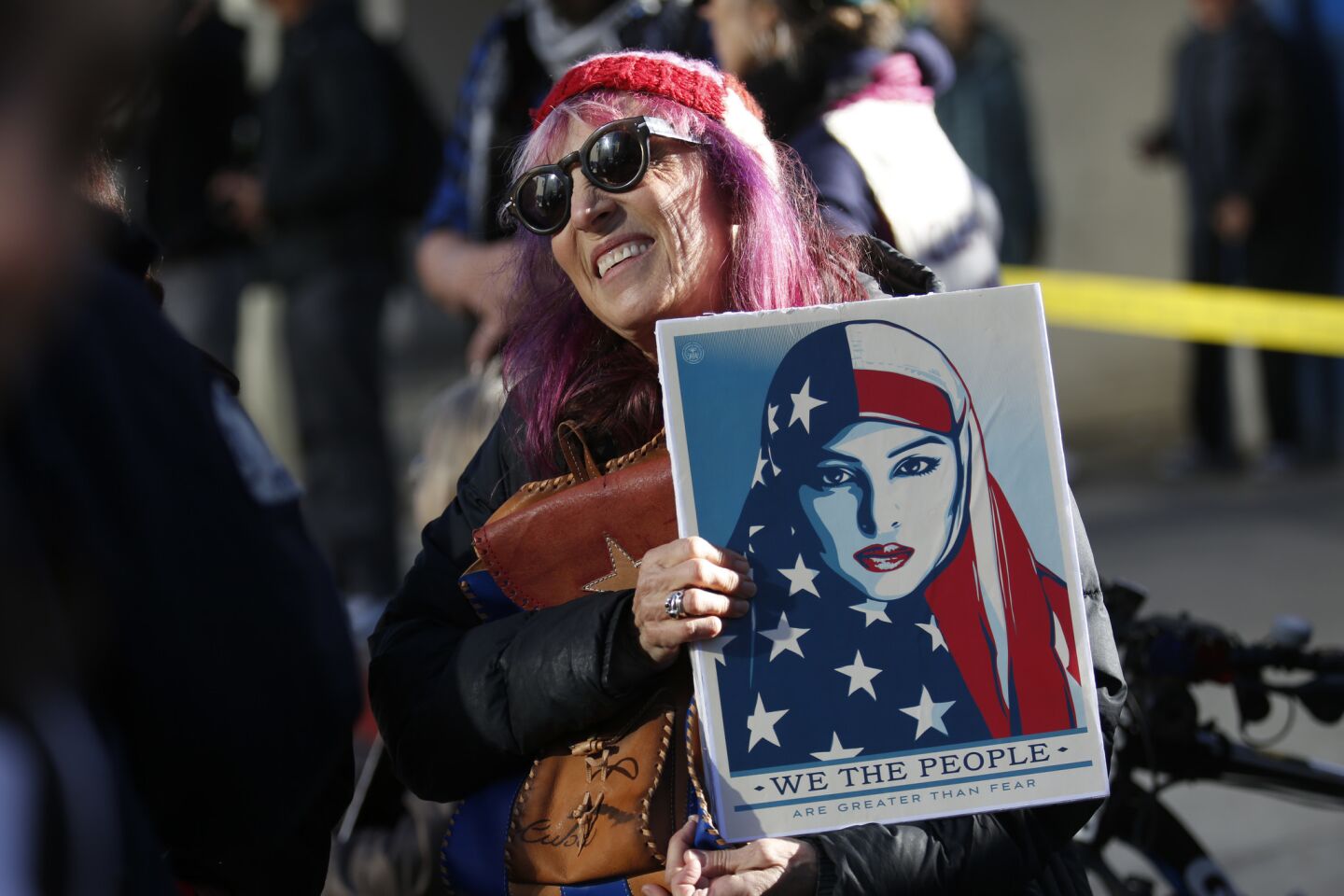 Marilyn Frandsen, 69, of Los Angeles was among those participating in the march for women's rights in Los Angeles on Saturday. Organizers said the event was a celebration of diversity and human rights.