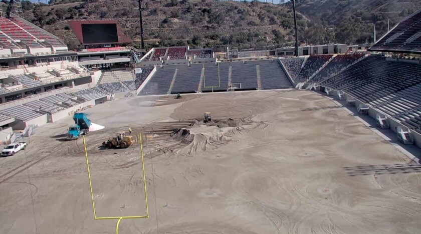 Fans watching SDSU's Stadium Cam could see a sand base being spread earlier this week at Snapdragon Stadium.