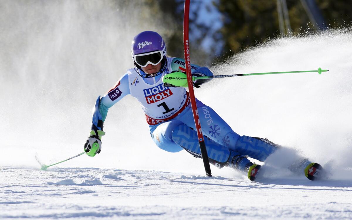 Tina Maze of Slovenia powers down the slope during the women's slalom event at the 2015 World Alpine Ski Championships on Feb. 14.
