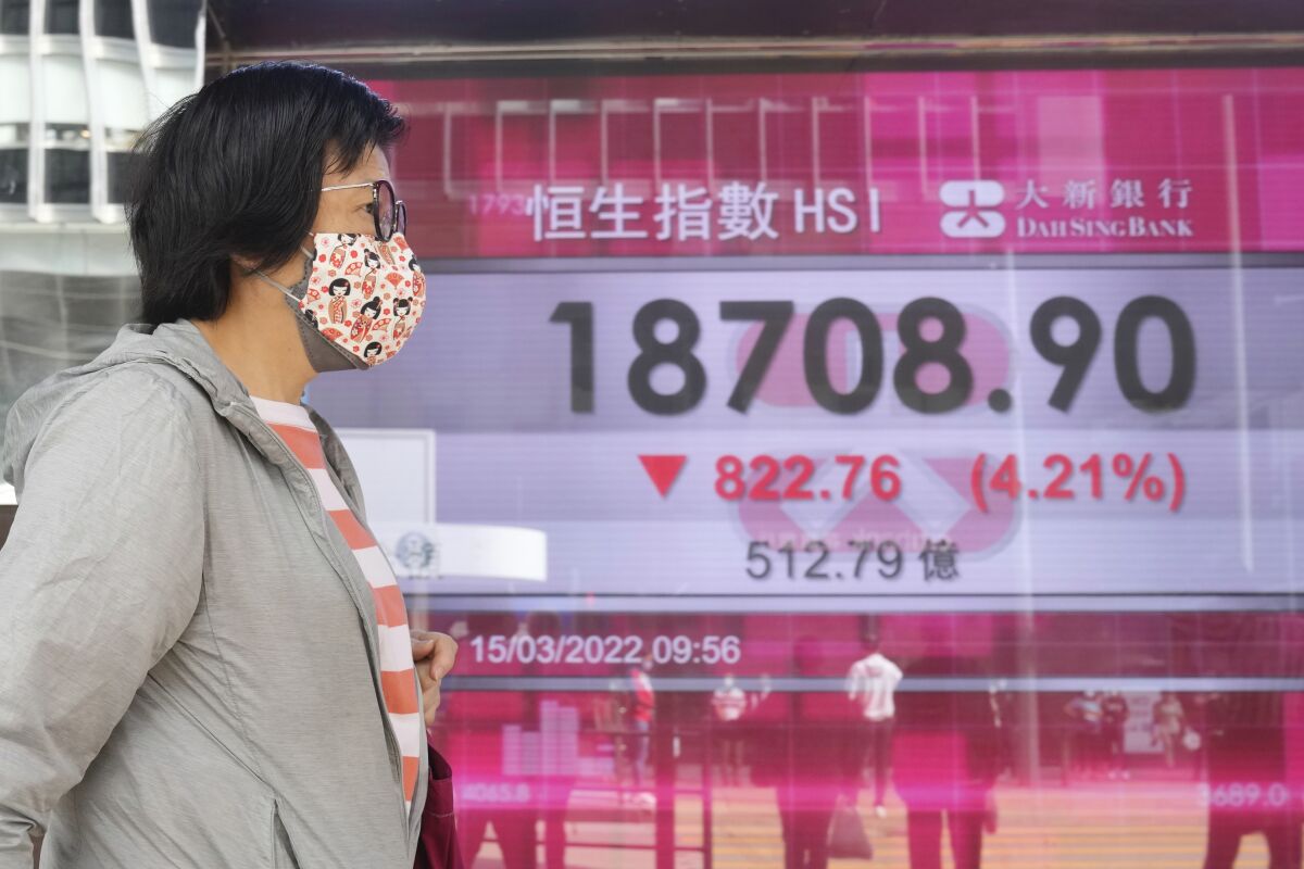 A woman wearing a face mask walks past a bank's electronic board showing the Hong Kong share index in Hong Kong, Tuesday, March 15, 2022. Stocks were mostly lower in Asia and oil prices fell Tuesday after another day of losses on Wall Street as anxiety over the war in Ukraine and an upcoming Federal Reserve meeting on interest rates keep global financial markets on edge. (AP Photo/Kin Cheung)