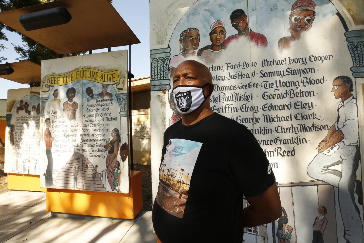 Memorial mural painted on the entrance wall of the Boys and Girls Club of Nickerson Gardens in South Los Angeles