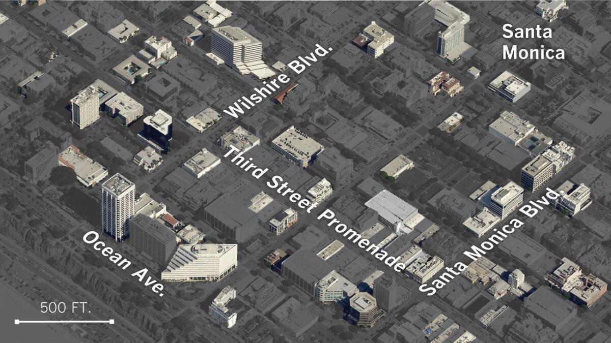 Suspected quake-vulnerable buildings in downtown Santa Monica. Under a proposed city law, suspect buildings would be required to undergo a seismic evaluation and, if necessary, be retrofitted.
