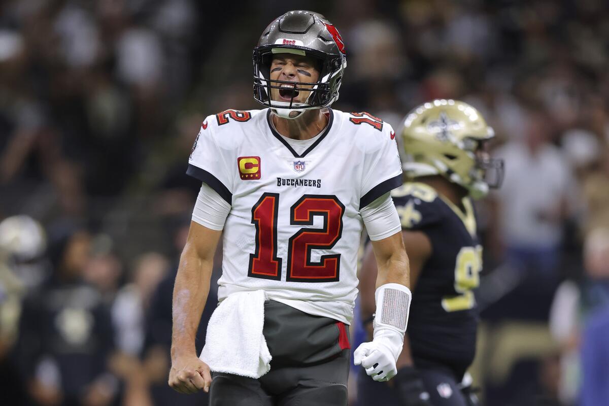 Tampa Bay Buccaneers quarterback Tom Brady reacts during a game.