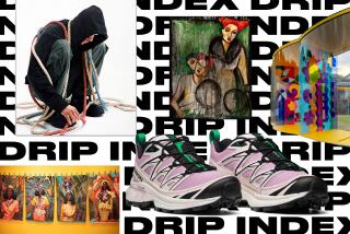 collage of different fashion and art images over a pattern of words that read "Drip Index"