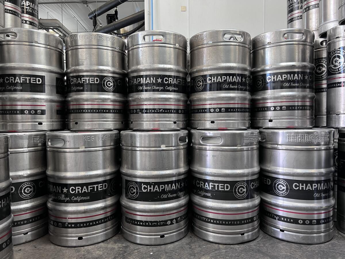 Stacked kegs of beer from Chapman Crafted Brewery in Old Towne Orange.