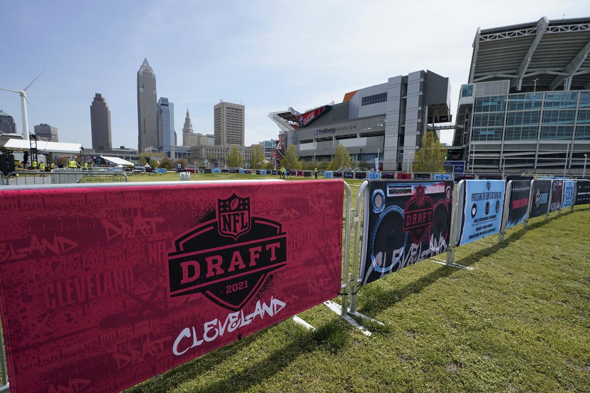 NFL draft signs hang near First Energy Stadium in Cleveland. 