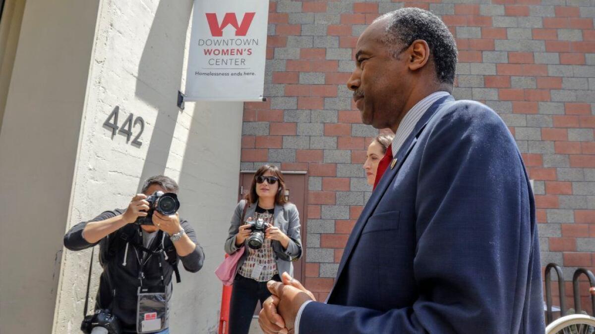 U.S. Department of Housing and Urban Development Secretary Ben Carson visits the Downtown Women's Center in Los Angeles in April.