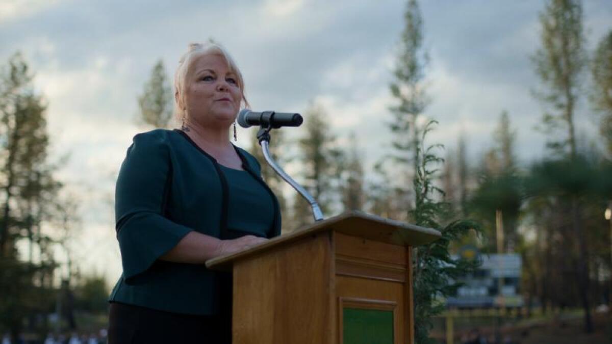 Michelle John addresses Paradise High School graduates in a scene from the documentary "Rebuilding Paradise."
