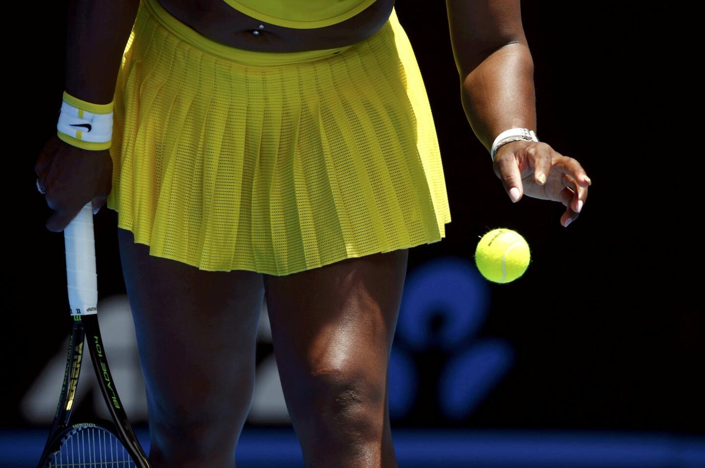 Serena Williams of the U.S. prepares to serve during her first round match against Italy's Camila Giorgi at the Australian Open tennis tournament at Melbourne Park, Australia, January 18, 2016. REUTERS/Jason Reed ** Usable by SD ONLY **