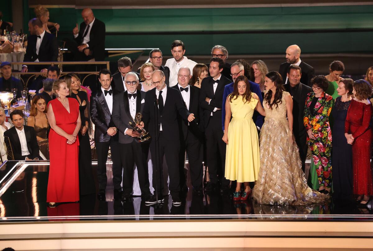 Jesse Armstrong and the cast of "Succession" on stage at the 74th Annual Primetime Emmy Awards.