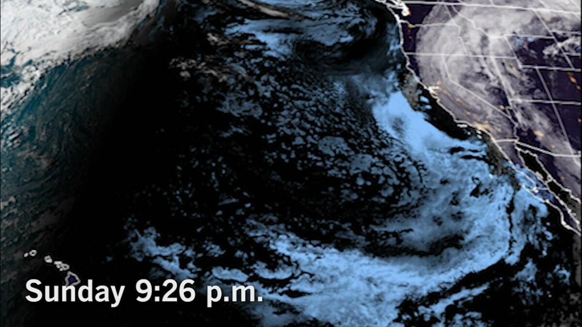Satellite imagery of Hilary on Sunday at 9:26 p.m. The storm has thinned out over California.