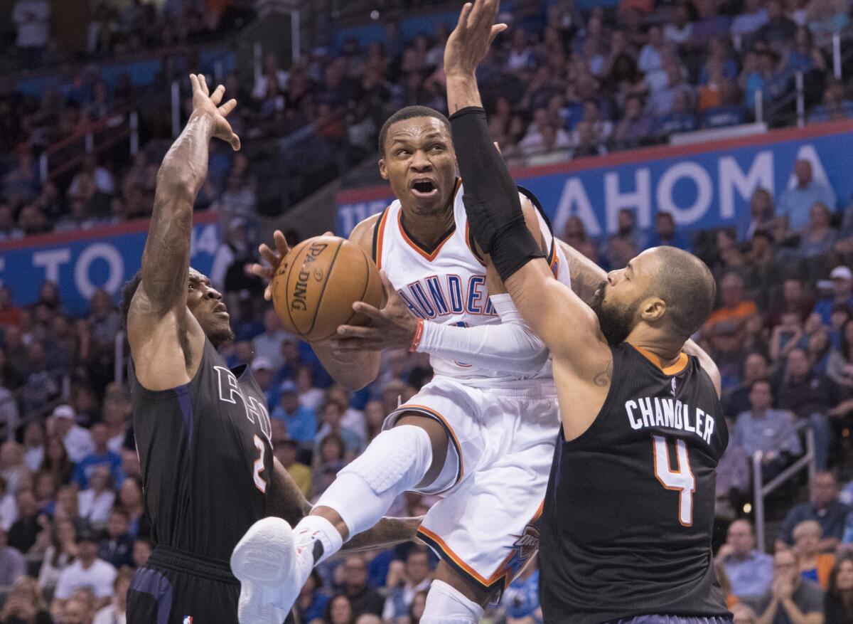 Russell Westbrook of the LA Clippers drives to the basket during