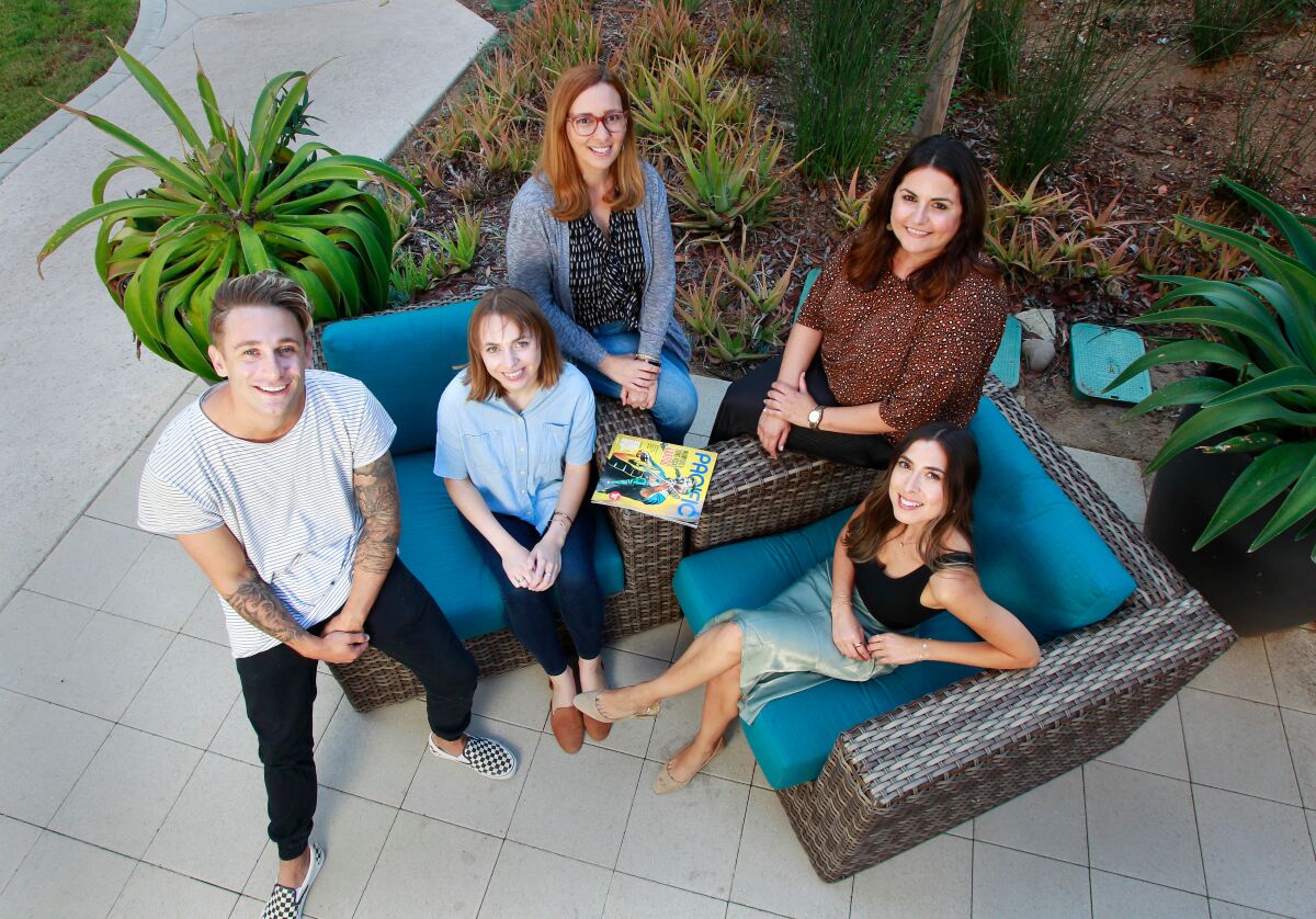 Members of the Pacific Magazine Crew (from left) John Vaccaro, Sara Butler, Nina Garin, Jennifer Ianni, and Pamela Razo pose for photos on September 12, 2019 in San Diego, California.