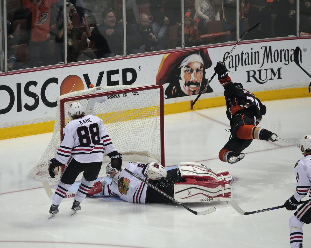 Matt Beleskey scores the game-winner in overtime to give the Ducks a 5-4 victory over the Chicago Blackhawks in Game 5 of the Western Conference finals.
