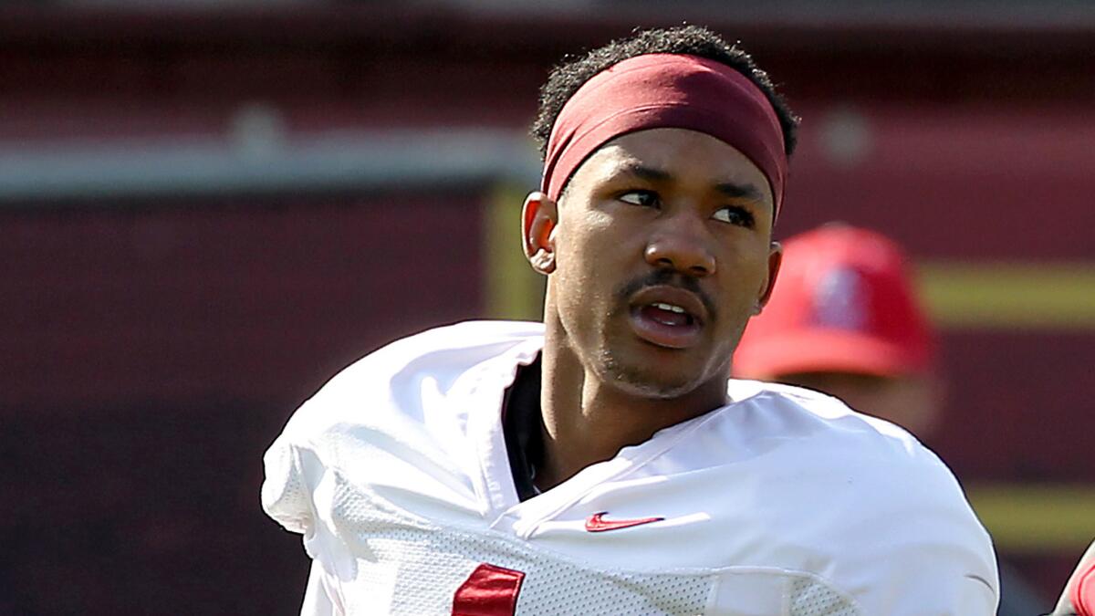 Jack Jones participates in spring practice at USC on April 11, 2017.