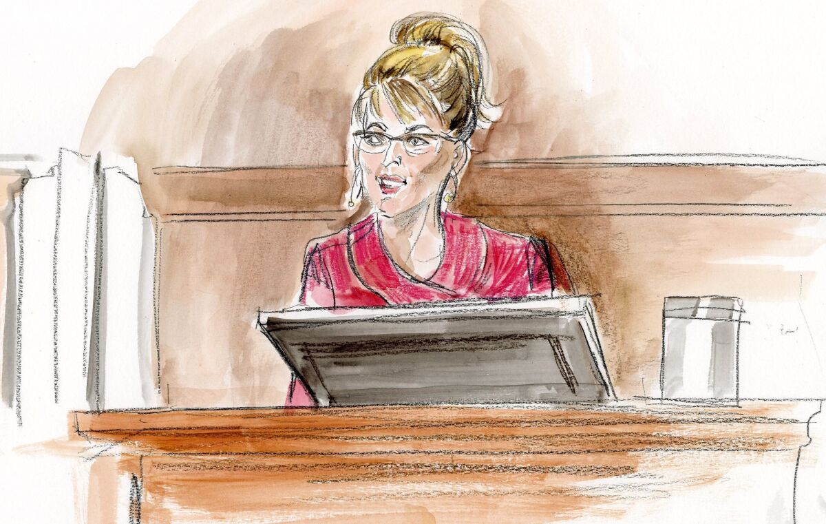 In this courtroom sketch, former Alaska Gov. Sarah Palin testifies in her defamation lawsuit against The New York Times in federal court, Wednesday Feb. 9, 2022, in New York. (AP Photo/Elizabeth Williams)