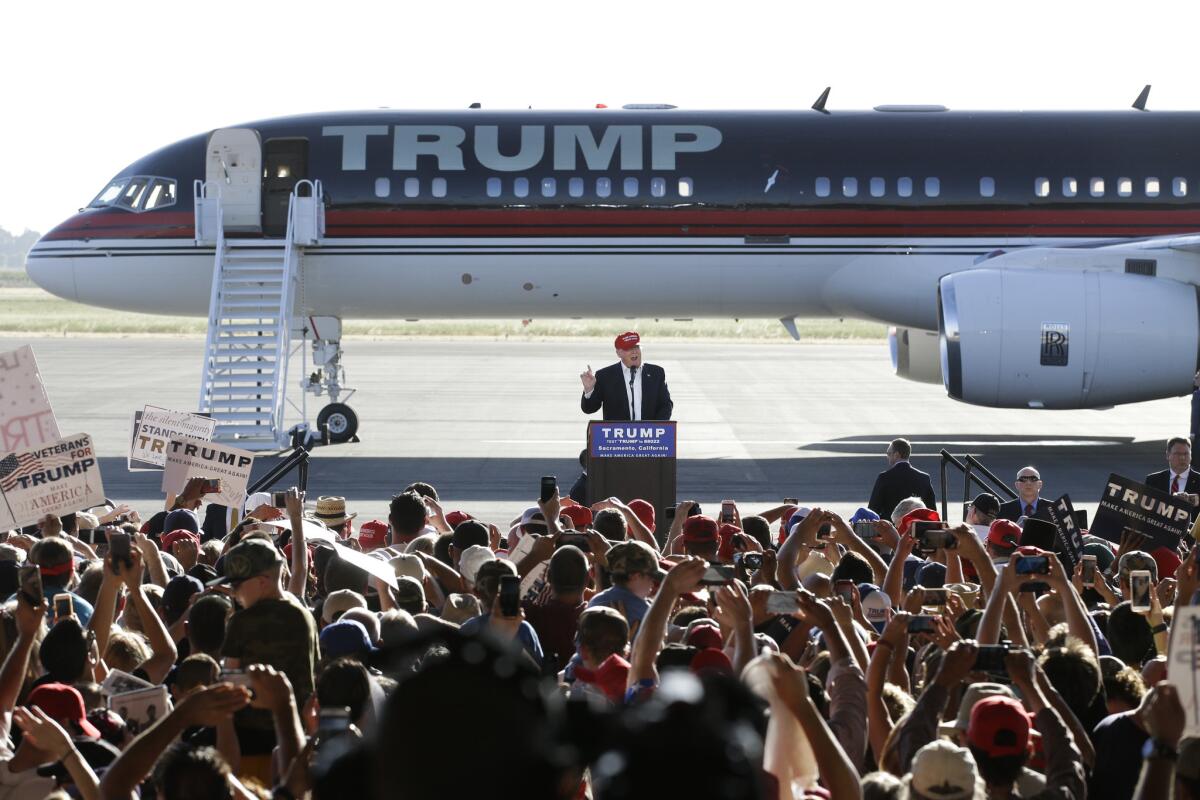 Donald Trump addresses supporters at a rally in Sacramento.