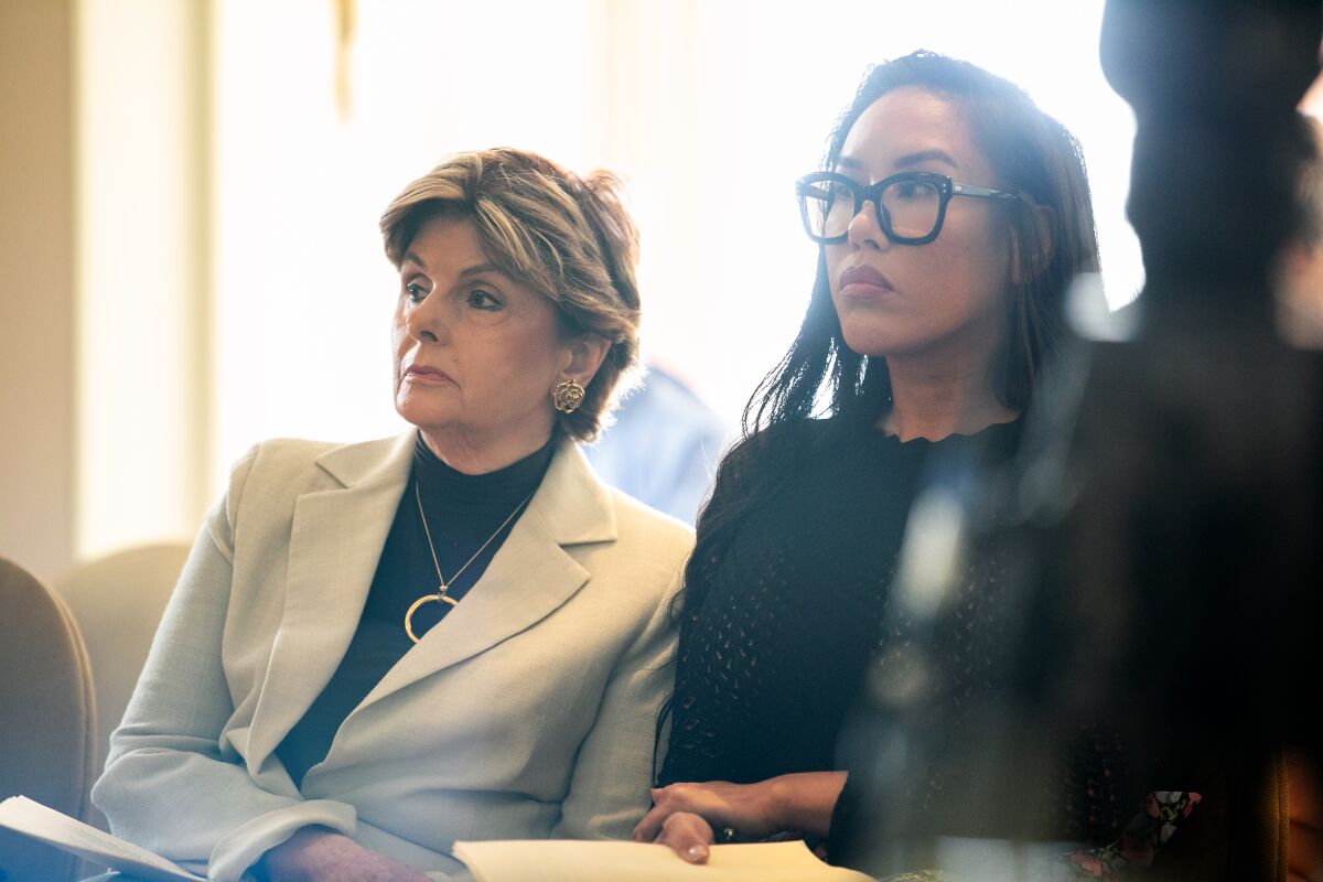 Attorney Gloria Allred appears alongside her client Jenny Ravallo at a meeting of the California State Athletic Commission in which they reinstated the boxing license of Kubrat Pulev on July 22, 2019 in San Diego, California.
