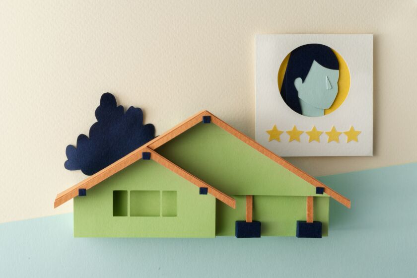Illustration of a Craftsman home with a depiction of an agent review behind it.