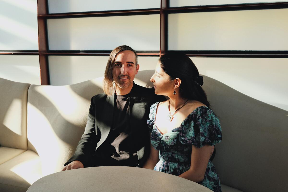 Chef Jodan Kahn with his wife, Zara Ziyaee Kahn, in the newly reopened Vespertine in April 2024.