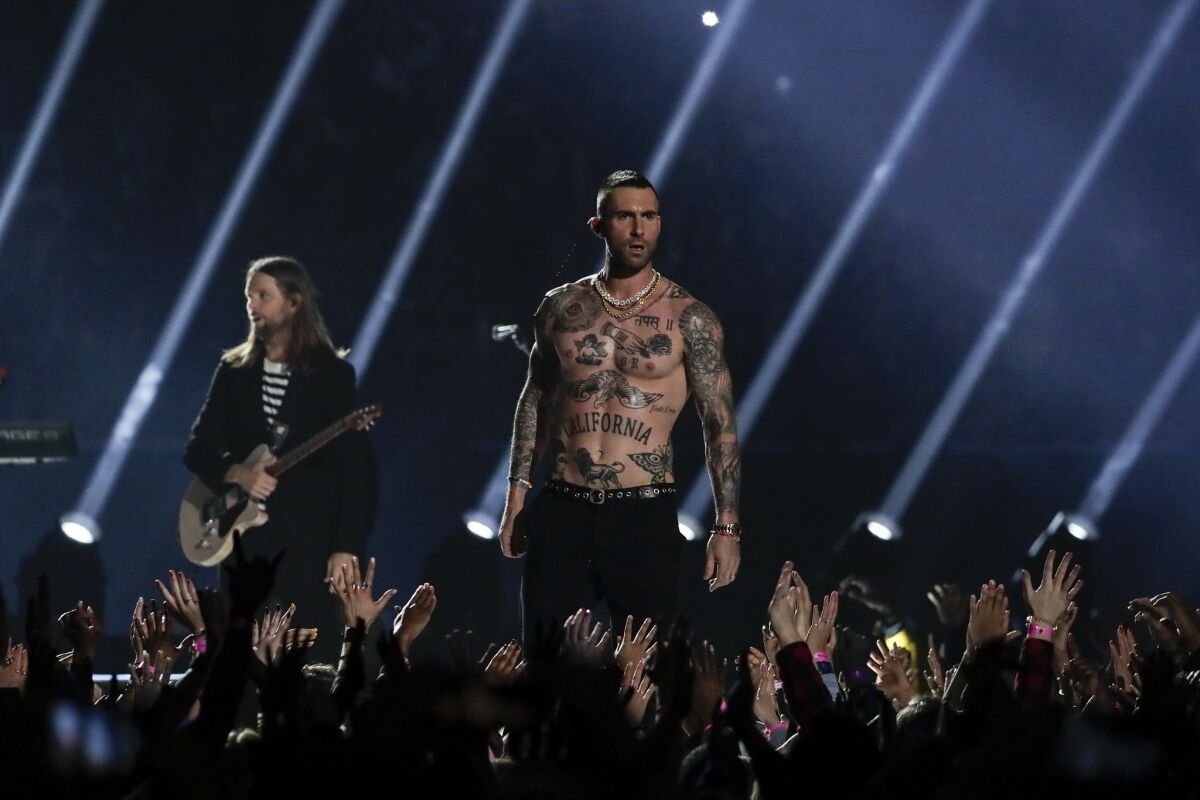 Adam Levine performs with Maroon 5 during the halftime show at Super Bowl LIII at Mercedes-Benz Stadium in Atlanta on Feb. 3.